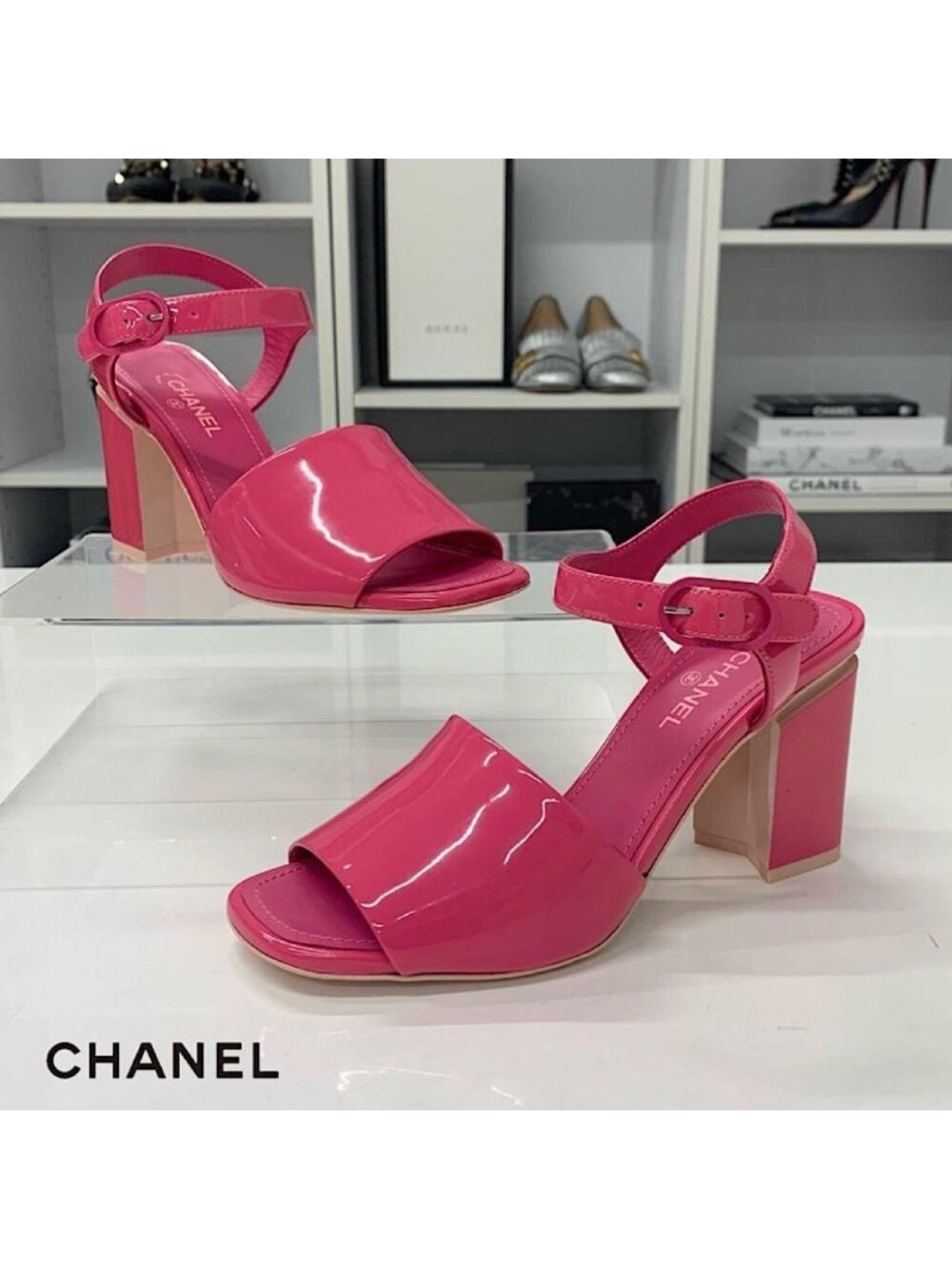 Chanel CC Logo Patent Strap Sandals Pink